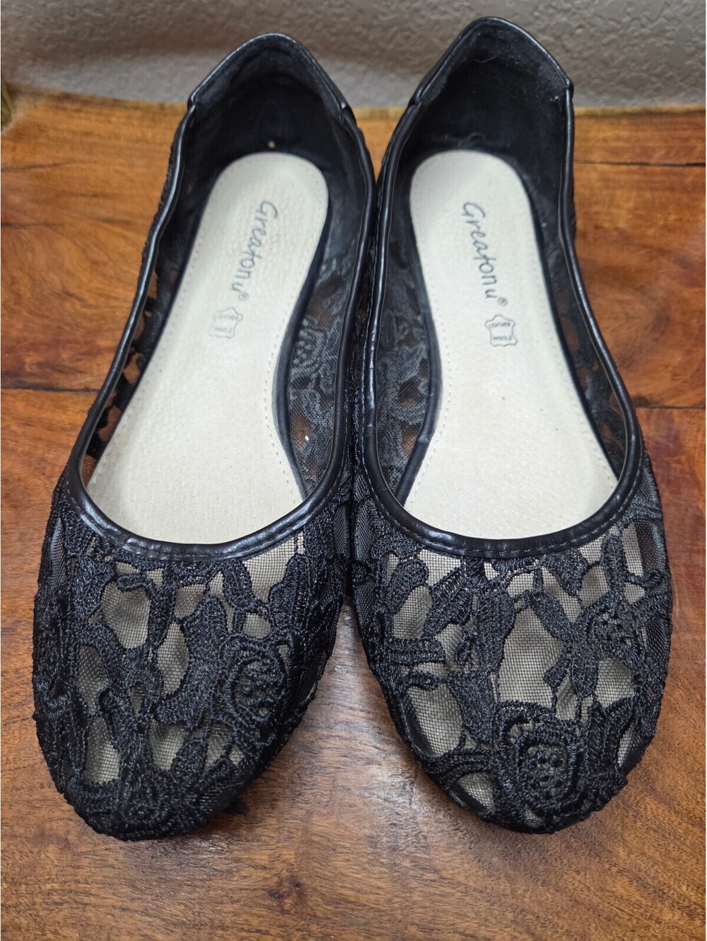 Greatonu Black Lace Ballet Flats with Leather Insole